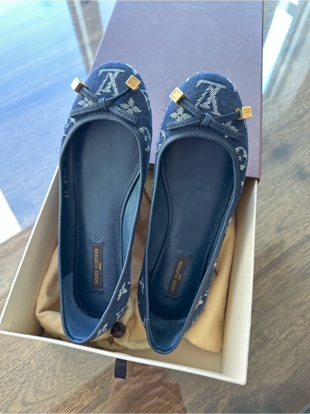 Louis Vuitton Navy Monogram Denim Ballerina Flats with Gold Accents